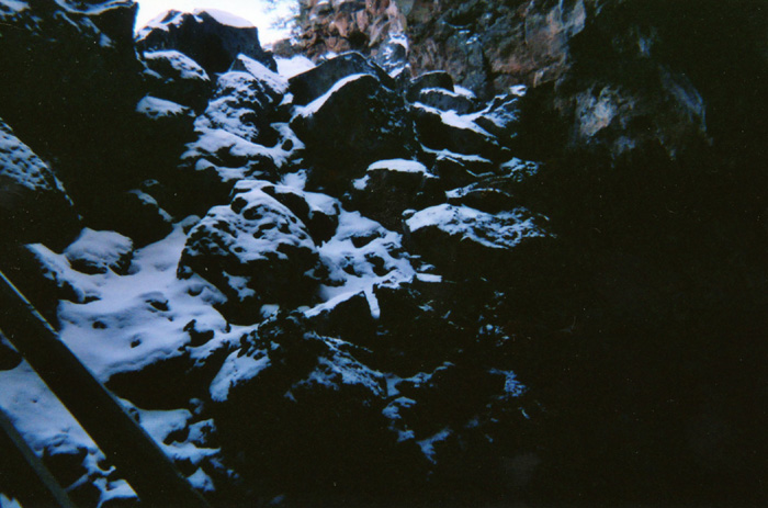 Looking up through the ice cave in a lava tube at Bandera volcano.